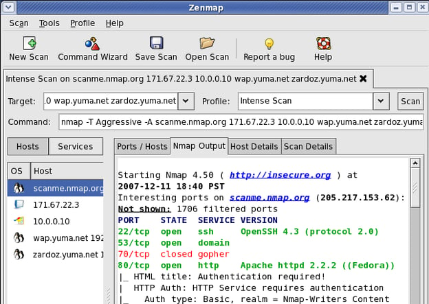 Nmap Zenmap dashboard